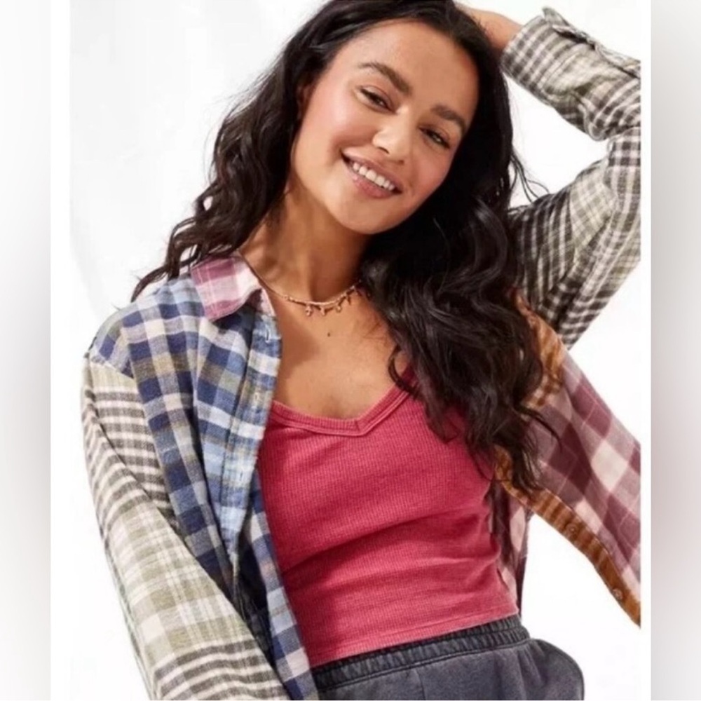 AEO Cropped Colorful Plaid Patchwork Button Down Shirt
